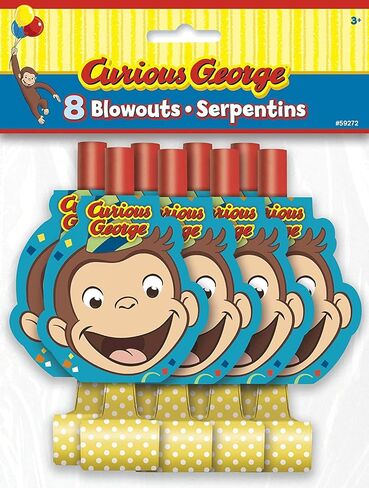Curious George Birthday Party Supplies Bundle Pack includes 16 Party Blowouts and 1 Dinosaur Sticker Sheet in Saudi Arabia
