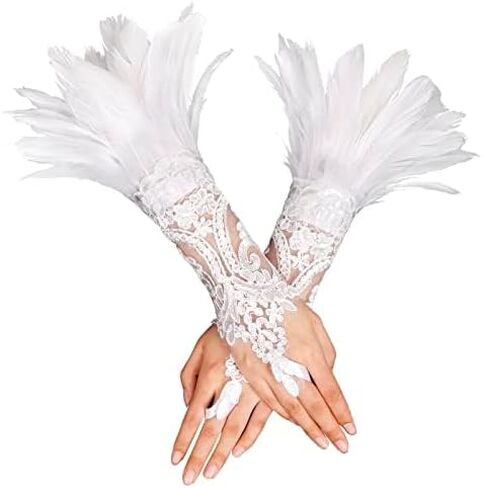 Gothic Black Lace Feather Fingerless Gloves with Long Sleeves Wrist Cuffs Women's Costume Accessory in Kuwait