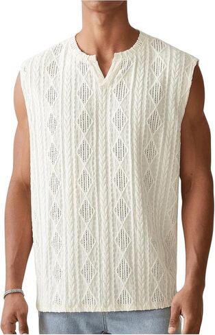 GORGLITTER Men's Hollow Out Notch Neck Vest Top Sleeveless Textured Solid Tank Top in Saudi Arabia