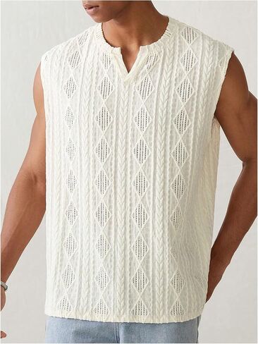 GORGLITTER Men's Hollow Out Notch Neck Vest Top Sleeveless Textured Solid Tank Top in Saudi Arabia