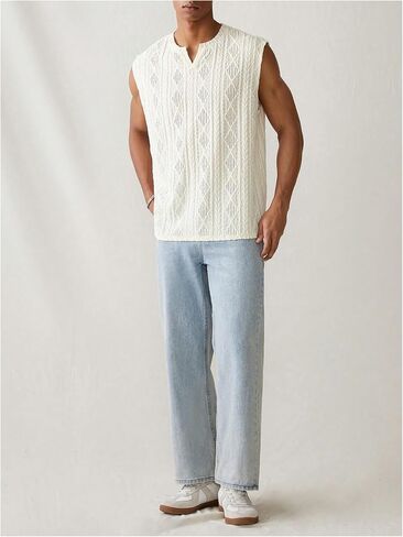 GORGLITTER Men's Hollow Out Notch Neck Vest Top Sleeveless Textured Solid Tank Top in Saudi Arabia