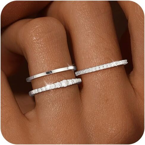 Stackable Gold Silver Rings for Women Non Tarnish Thin Ring Set Cubic Zirconia Thumb Pinky Rings 14K Gold Plated Eternity Band Rings Cute Dainty Jewelry Gift Size 6-10 in Kuwait