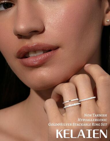 Stackable Gold Silver Rings for Women Non Tarnish Thin Ring Set Cubic Zirconia Thumb Pinky Rings 14K Gold Plated Eternity Band Rings Cute Dainty Jewelry Gift Size 6-10 in Kuwait