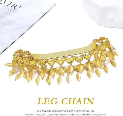 Boho Gold Leg Chain Layered Leaf Tassel Elastic Thigh Chain Lace Fringe Stretch Summer Beach Bikini Body Thigh Chain for Women (1PCS) (Set B) in Kuwait