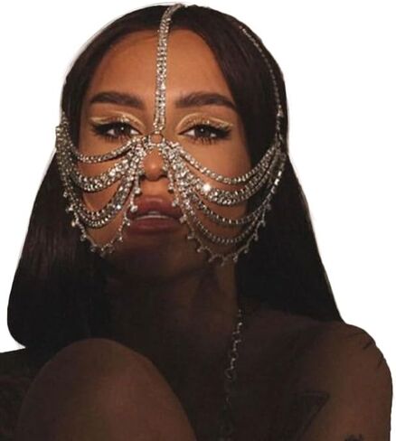 سابق 1920s قناع تنكر حجر الراين رئيس سلسلة الزعنفة متعددة الطبقات شرابة كريستال الوجه أغطية الرأس ملهى ليلي الوجه الشعر مجوهرات خوذة للنساء in Kuwait