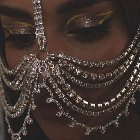 سابق 1920s قناع تنكر حجر الراين رئيس سلسلة الزعنفة متعددة الطبقات شرابة كريستال الوجه أغطية الرأس ملهى ليلي الوجه الشعر مجوهرات خوذة للنساء in Kuwait