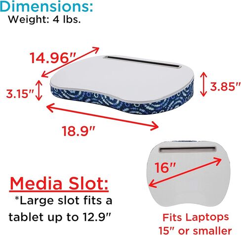 مكتب لاب توب من بيردروك هوم مع وسادة وسادة | فتحة الجهاز اللوحي | يناسب أجهزة الكمبيوتر المحمولة حتى 15 بوصة | الأجهزة اللوحية حتى 9.6 بوصة | نمط Tiedye Sunburst الأزرق | كمبيوتر محمول وطاولة للكتابة | العمل من المنزل in Kuwait