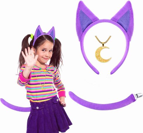 Kavoc 3 Pcs Smile Purple Cat Custome Set Include Plush Purple Headband Tie and Golden Pendant Moon Necklace for Halloween Cartoon Character Role Play Supplies in Saudi Arabia
