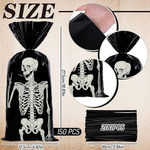 Whaline 150Pcs Halloween Cellophane Gift Bags with 200Pcs Twist Ties Funny Skeleton Party Favor Bags Candy Goodie Treat Bags for Trick or Treat Birthday Party Supplies in Saudi Arabia
