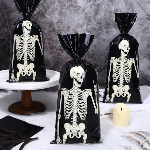 Whaline 150Pcs Halloween Cellophane Gift Bags with 200Pcs Twist Ties Funny Skeleton Party Favor Bags Candy Goodie Treat Bags for Trick or Treat Birthday Party Supplies in Saudi Arabia