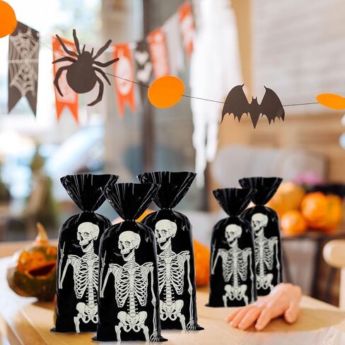 Whaline 150Pcs Halloween Cellophane Gift Bags with 200Pcs Twist Ties Funny Skeleton Party Favor Bags Candy Goodie Treat Bags for Trick or Treat Birthday Party Supplies in Saudi Arabia