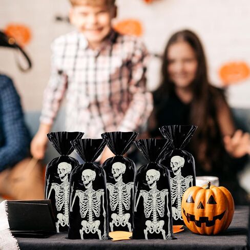 Whaline 150Pcs Halloween Cellophane Gift Bags with 200Pcs Twist Ties Funny Skeleton Party Favor Bags Candy Goodie Treat Bags for Trick or Treat Birthday Party Supplies in Saudi Arabia