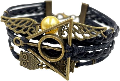 سوار Joyplancraft الفريد من نوعه Lengendary، سحر ذهبي Snitch Deathly Hallows and Owls مع جديلة جلدية سوداء وسوار حبل in Saudi Arabia