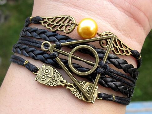 سوار Joyplancraft الفريد من نوعه Lengendary، سحر ذهبي Snitch Deathly Hallows and Owls مع جديلة جلدية سوداء وسوار حبل in Saudi Arabia