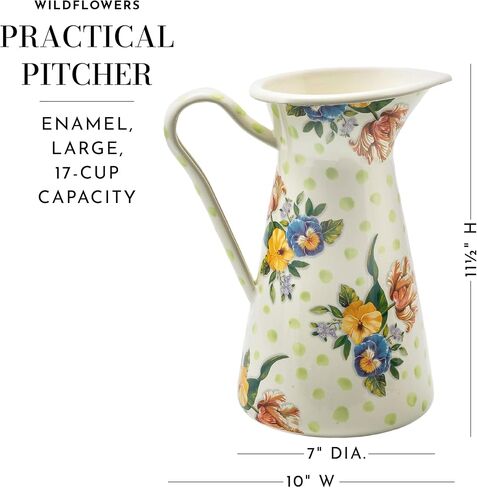 MACKENZIE-CHILDS Practical Enamel Pitcher, Decorative Pitcher for Drinks, Flowers, and Decor, Large, White Flower Market in Saudi Arabia