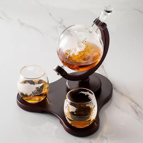 Whiskey Globe Decanter Set with 2 Etched Globe Glasses in Gift Box - Home Bar Accessories for Liquor, Whiskey, Brandy, Gin, Rum, Tequila, Vodka, and Brandy in Saudi Arabia