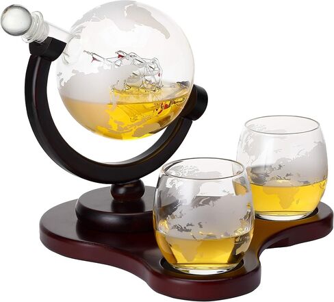 Whiskey Globe Decanter Set with 2 Etched Globe Glasses in Gift Box - Home Bar Accessories for Liquor, Whiskey, Brandy, Gin, Rum, Tequila, Vodka, and Brandy in Saudi Arabia