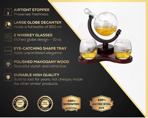 Whiskey Globe Decanter Set with 2 Etched Globe Glasses in Gift Box - Home Bar Accessories for Liquor, Whiskey, Brandy, Gin, Rum, Tequila, Vodka, and Brandy in Saudi Arabia