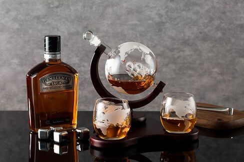 Whiskey Globe Decanter Set with 2 Etched Globe Glasses in Gift Box - Home Bar Accessories for Liquor, Whiskey, Brandy, Gin, Rum, Tequila, Vodka, and Brandy in Saudi Arabia