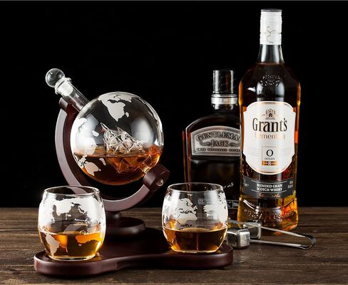 Whiskey Globe Decanter Set with 2 Etched Globe Glasses in Gift Box - Home Bar Accessories for Liquor, Whiskey, Brandy, Gin, Rum, Tequila, Vodka, and Brandy in Saudi Arabia