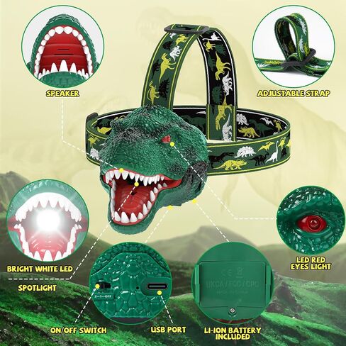 Nitigo Dinosaur Headlamp for Kids Flashlight Rechargeable Led Headlights Roar & Silent Mode, T-Rex Dinosaur Toys, Camping Gear, Gifts for Boys Girls Adults in Kuwait