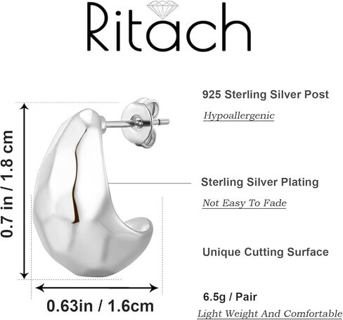 ريتاتش 925 أقراط فضية مكتنزة للنساء العصرية، أقراط مطلية بالذهب عيار 14 قيراط أقراط أنيقة لا تسبب الحساسية مجوهرات أنيقة للهدايا in Kuwait