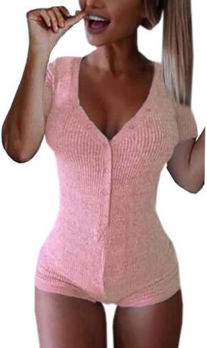 سراويل قصيرة مثيرة للسيدات من Roselux بياقة على شكل V وأكمام قصيرة محبوكة من قطعة واحدة بيجامة مثيرة بدلة قطعة واحدة ضيقة بشكل عام in Kuwait