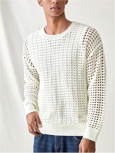 GORGLITTER Men's Hollow Out Crewneck Sweater Long Sleeve Drop Shoulder Knit Pullover Top in Saudi Arabia