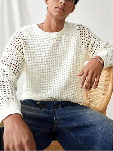 GORGLITTER Men's Hollow Out Crewneck Sweater Long Sleeve Drop Shoulder Knit Pullover Top in Saudi Arabia