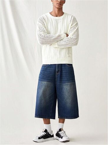 GORGLITTER Men's Hollow Out Crewneck Sweater Long Sleeve Drop Shoulder Knit Pullover Top in Saudi Arabia