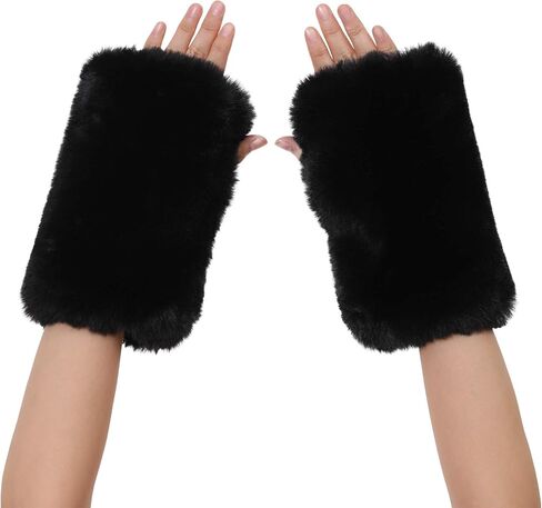 LA CARRIE Women Fingerless Faux Fur Gloves Smooth Furry Soft Fuzzy Plush Winter Cold Warmer Cuffs Black White for Girls in Saudi Arabia