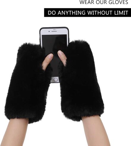 LA CARRIE Women Fingerless Faux Fur Gloves Smooth Furry Soft Fuzzy Plush Winter Cold Warmer Cuffs Black White for Girls in Saudi Arabia