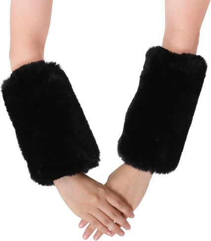 LA CARRIE Women Fingerless Faux Fur Gloves Smooth Furry Soft Fuzzy Plush Winter Cold Warmer Cuffs Black White for Girls in Saudi Arabia