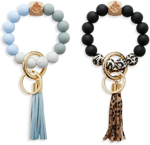 2 Piece Women Silicone Keychain Bracelet Beaded Wristlet Key Ring Bangle Chains with Leather Tassel in Saudi Arabia