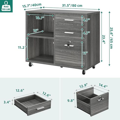 YITAHOME Wood File Cabinet, 3 Drawer Mobile Lateral Filing Cabinet, Storage Cabinet Printer Stand with Lock for Home Office Organization, Office Furniture, Grey in Saudi Arabia
