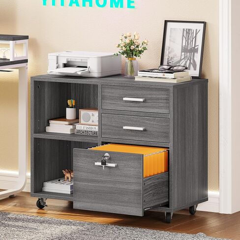 YITAHOME Wood File Cabinet, 3 Drawer Mobile Lateral Filing Cabinet, Storage Cabinet Printer Stand with Lock for Home Office Organization, Office Furniture, Grey in Saudi Arabia