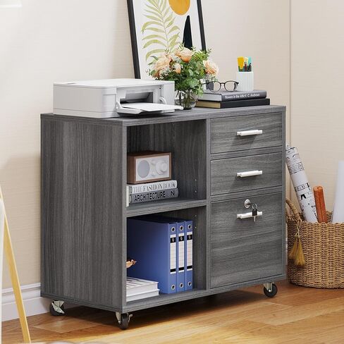 YITAHOME Wood File Cabinet, 3 Drawer Mobile Lateral Filing Cabinet, Storage Cabinet Printer Stand with Lock for Home Office Organization, Office Furniture, Grey in Saudi Arabia