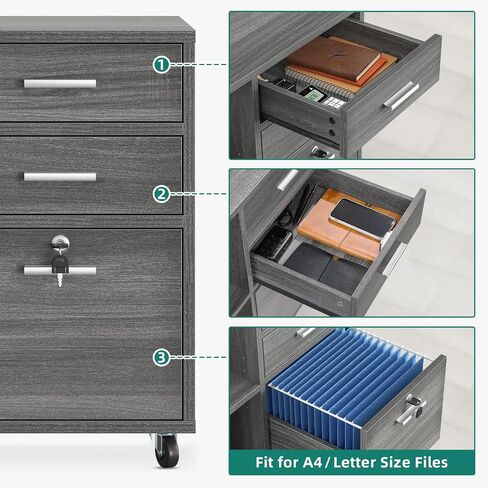 YITAHOME Wood File Cabinet, 3 Drawer Mobile Lateral Filing Cabinet, Storage Cabinet Printer Stand with Lock for Home Office Organization, Office Furniture, Grey in Saudi Arabia