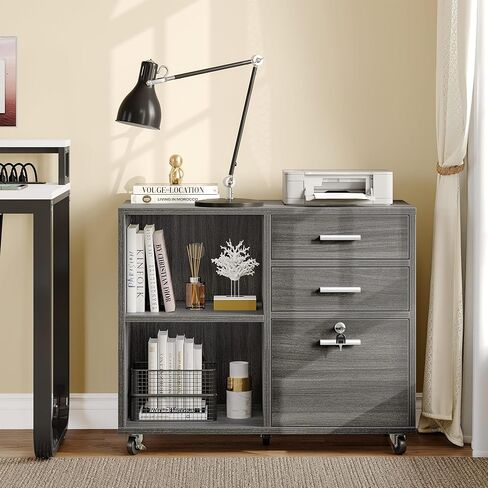 YITAHOME Wood File Cabinet, 3 Drawer Mobile Lateral Filing Cabinet, Storage Cabinet Printer Stand with Lock for Home Office Organization, Office Furniture, Grey in Saudi Arabia