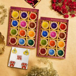 SATVIK 12 قطعة من الطين متعدد الألوان Diya Terracotta Dia التقليدي Puja Vilakku مصباح الزيت الطبيعي Mitti Diya Tea Light ترحيب Diwali Deepawali Navratri Pooja ديكورات هندية لمنزل جديد هدية الإرجاع