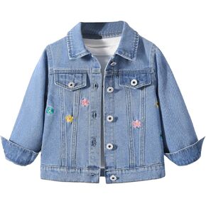 Verdusa Girl's Floral Embroidery Jean Jacket Button Up Long Sleeve Denim Jackets