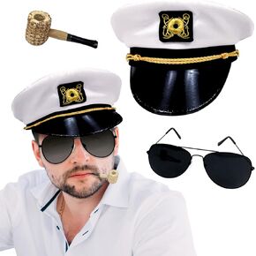 4E's Novelty Yacht Captain Hat Costume Accessories Set - Adjustable Captain Hat, Aviator Sunglasses, Fake Pipe Perfect for Yacht Boat Outfit & Halloween Captain Costume for Men Women