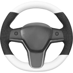 MEWANT Hand Stitched White Leather Tesla Model 3 Steering Wheel Cover for Tesla Model 3 2017-2023 / Model Y 2020-2023 for Tesla Model 3/Y Accessories