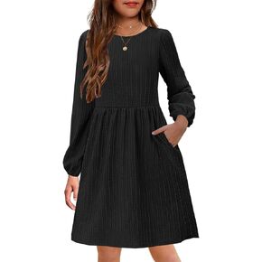 YOVION Girls Knit Dress Crew Neck Long Sleeve Plain A-Line Fall Casual Dresses with Pockets for 6-12 Y