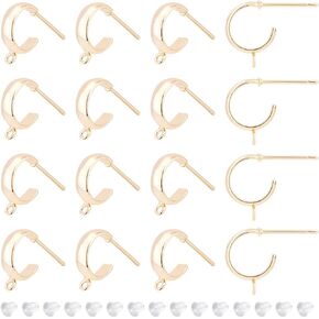 BENECREAT 16Pcs Real 18K Gold Plated Stud Earring Findings, Brass Half Hoop Earring Hook with Vertical Loops, 40Pcs Plastic Ear Nuts for Mother's Jewelry Earring Gift Making