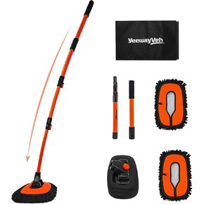 57" Car Wash Brush Mop with Long Handle, 15 Degree Curved Extendable Car Wash Brush with Extra Microfiber Mop Head, Soft Car Washing Brushes with Storage Bag for Truck SUV Cleaning, Orange