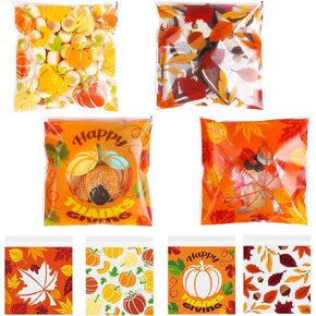 DIYASY 400Pcs Thanksgiving Cookie Bags for Packaging, Fall Cellophane Treat Bags with Seal Clear Individual Snack Bags Plastic Candy Bag for Holiday Goodies Wrapping Autumn Halloween Party Favors