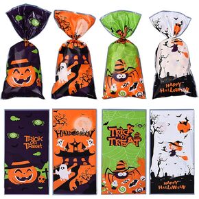 BASEMMAHER Halloween Cellophane Treat Bags, 50Pcs Candy Bags Treats Bags Pumpkin Spider Ghost Patterned Plastic Wrap Goodie Bag for Halloween Trick or Treat Party Decoration Supplies