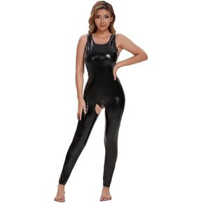 Women Shiny Leather Jumpsuit, Sexy Open Crotch, Glossy PVC Leather Leotard Crotchless