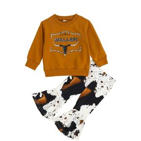 Hnyenmcko Toddler Western Baby Girl Clothes Bell Bottom Outfits Long Sleeve Cowgirl Sweatshirt + Cow Print Pants Fall Outfit (Cow-Royal Blue 01, 3-4 Years)